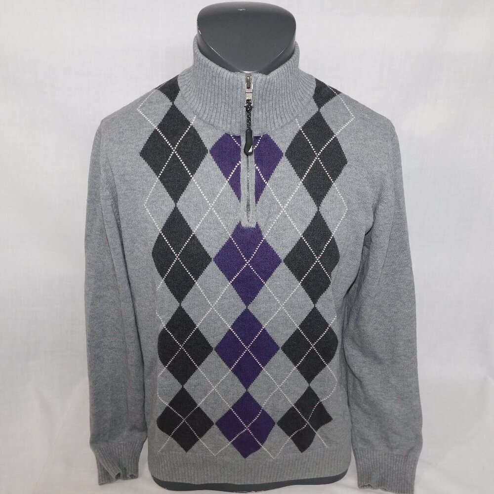 Nautica argyle Gray Purple mock neck  1/4 Zip Knit Sweater Mens M